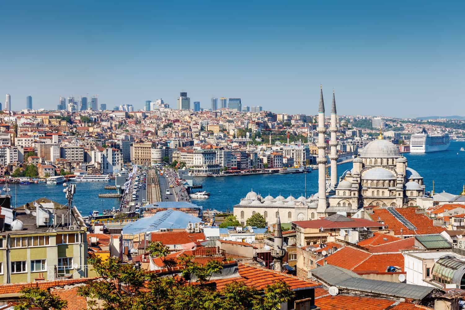 View of the Istanbul skyline, overlooking houses and minarets on a hill sloping down to a multi-lane bridge spanning a river, with densely-packed urban buildings opposite and skyscrapers in the distance.