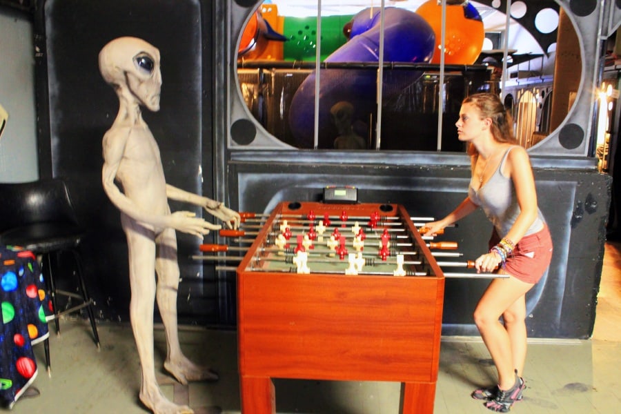 playing table football with an alien