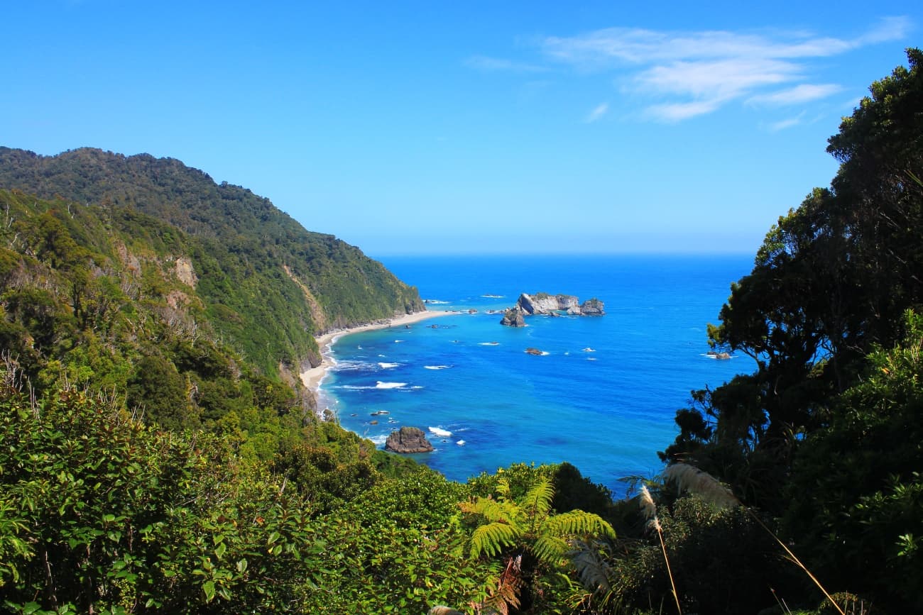 View overlooking steep, forested cliffs that drop down to a narrow beach beside the ocean. A few rocks are clustered just offshore.