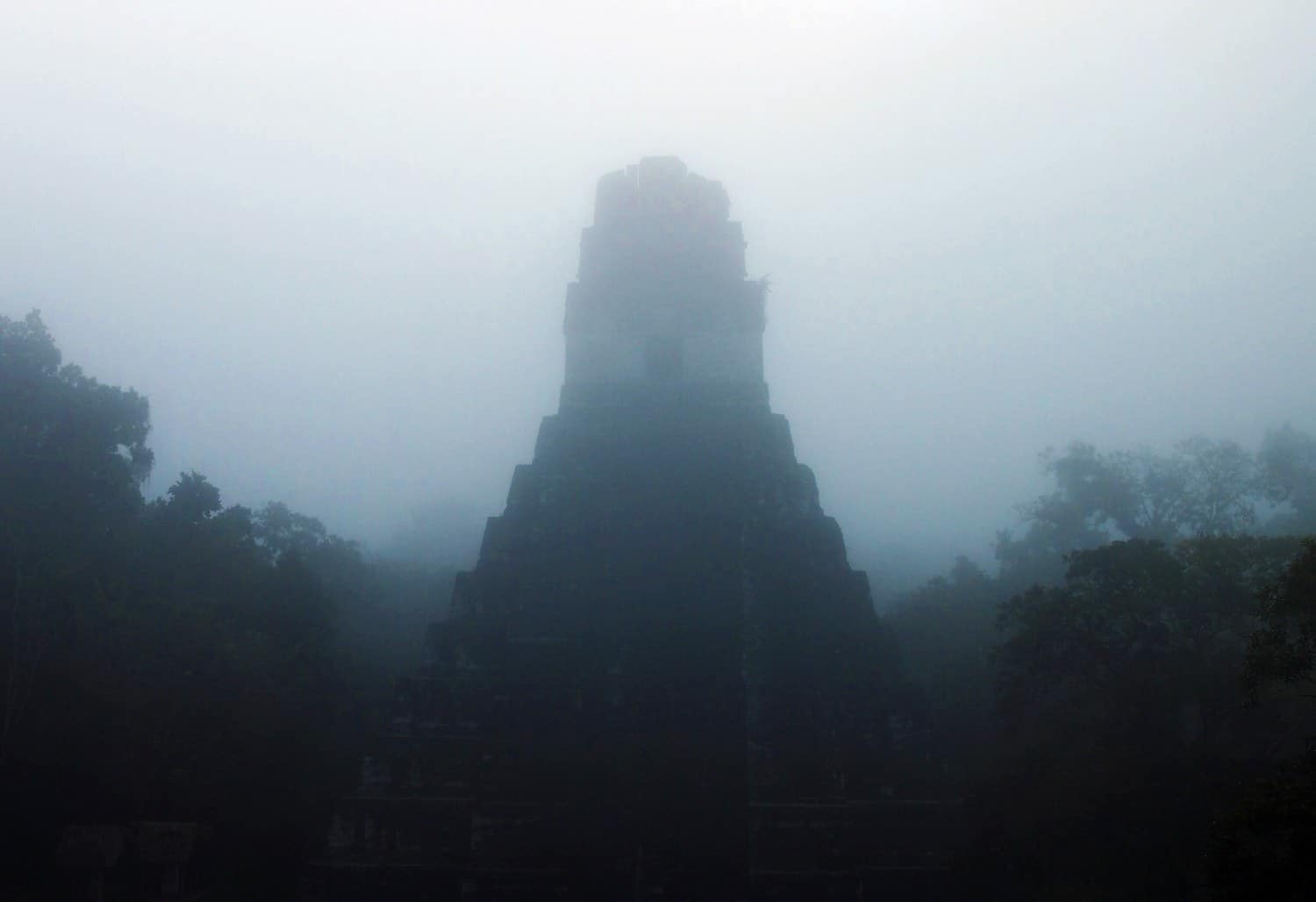 Jaguar Temple, Tikal, in the fog