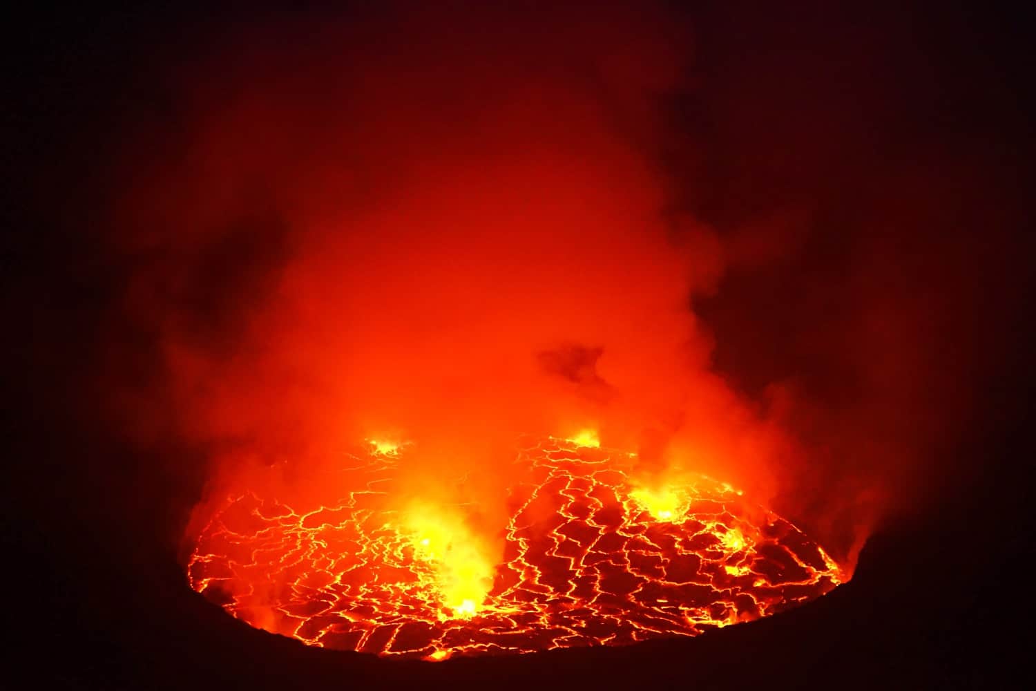 Mount Nyiragongo lava lake at night