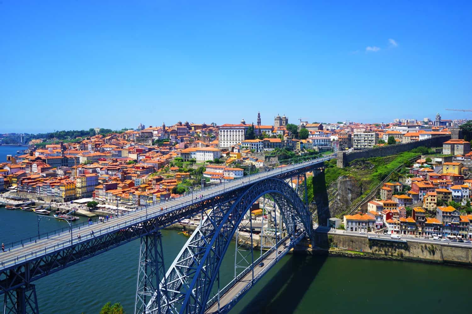 Expansive view over the top of a two-level suspension bridge in Porto, Portugal, with a river underneath and many red-roofed buildings climbing up the slopes of the hillside opposite.