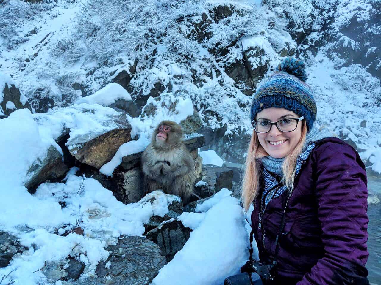 Lauren with snow monkeys