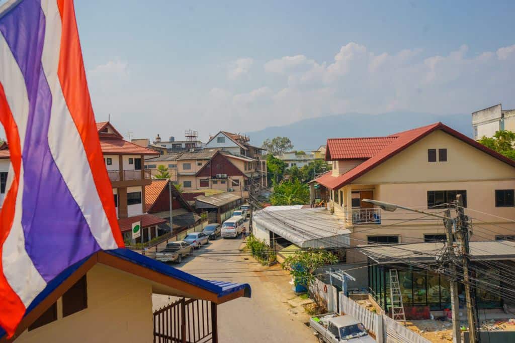 Chiang Mai old town views with Thai flag