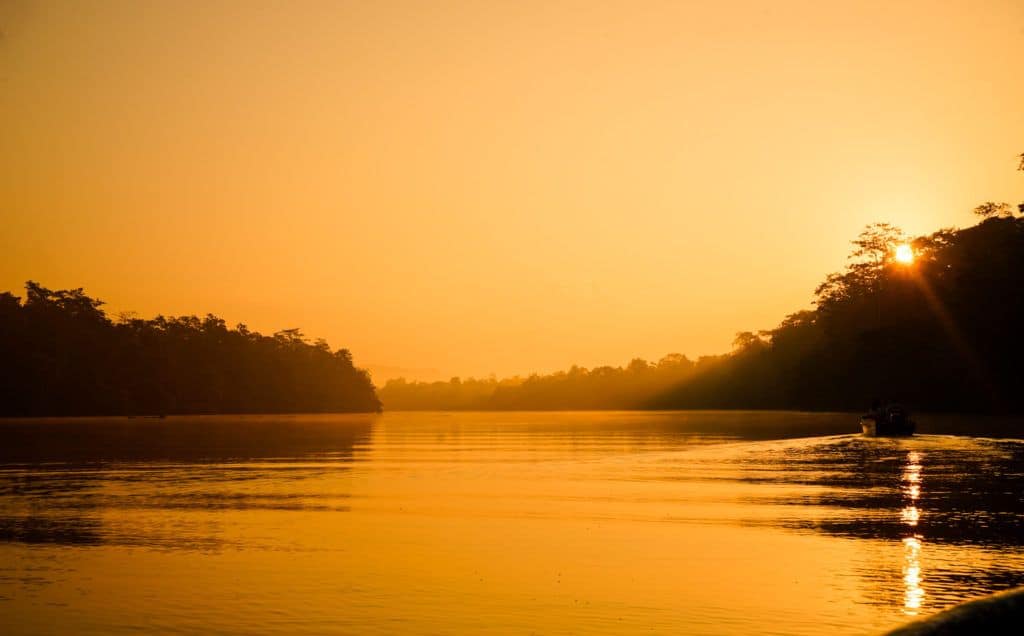 Sunrise over a calm river in Borneo, with trees lining both banks.