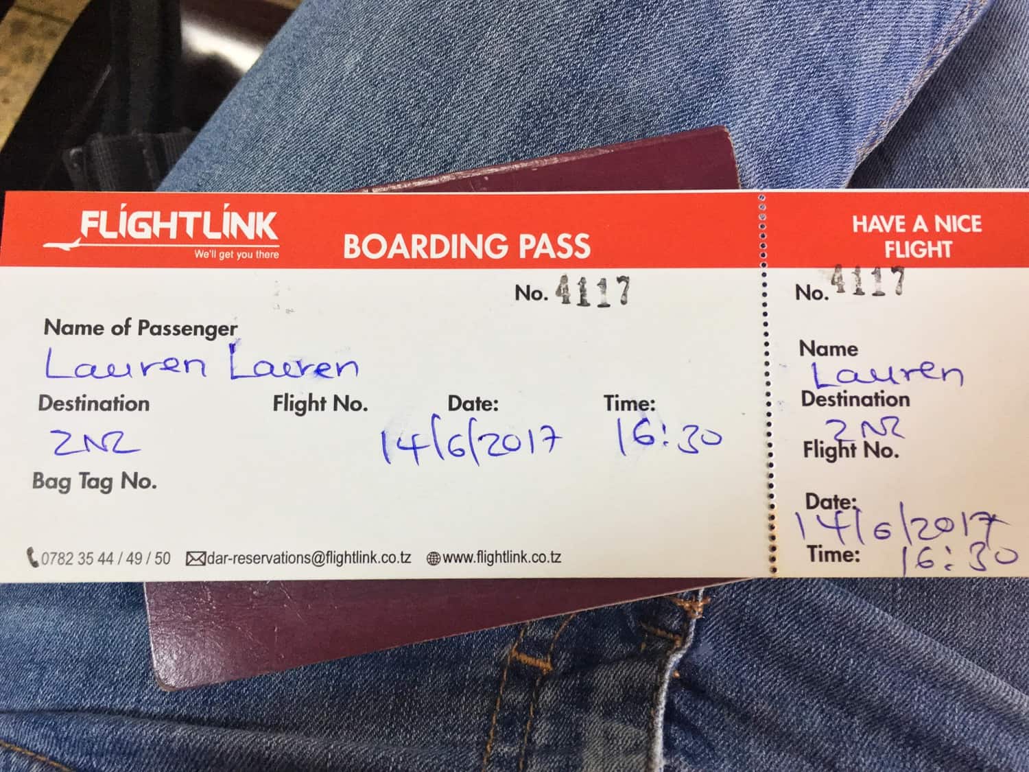 Flightlink ticket to Zanzibar