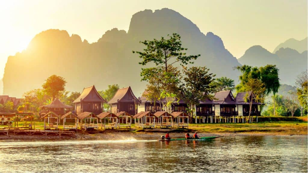 Village and bungalows along Nam Song River in Vang Vieng, Laos