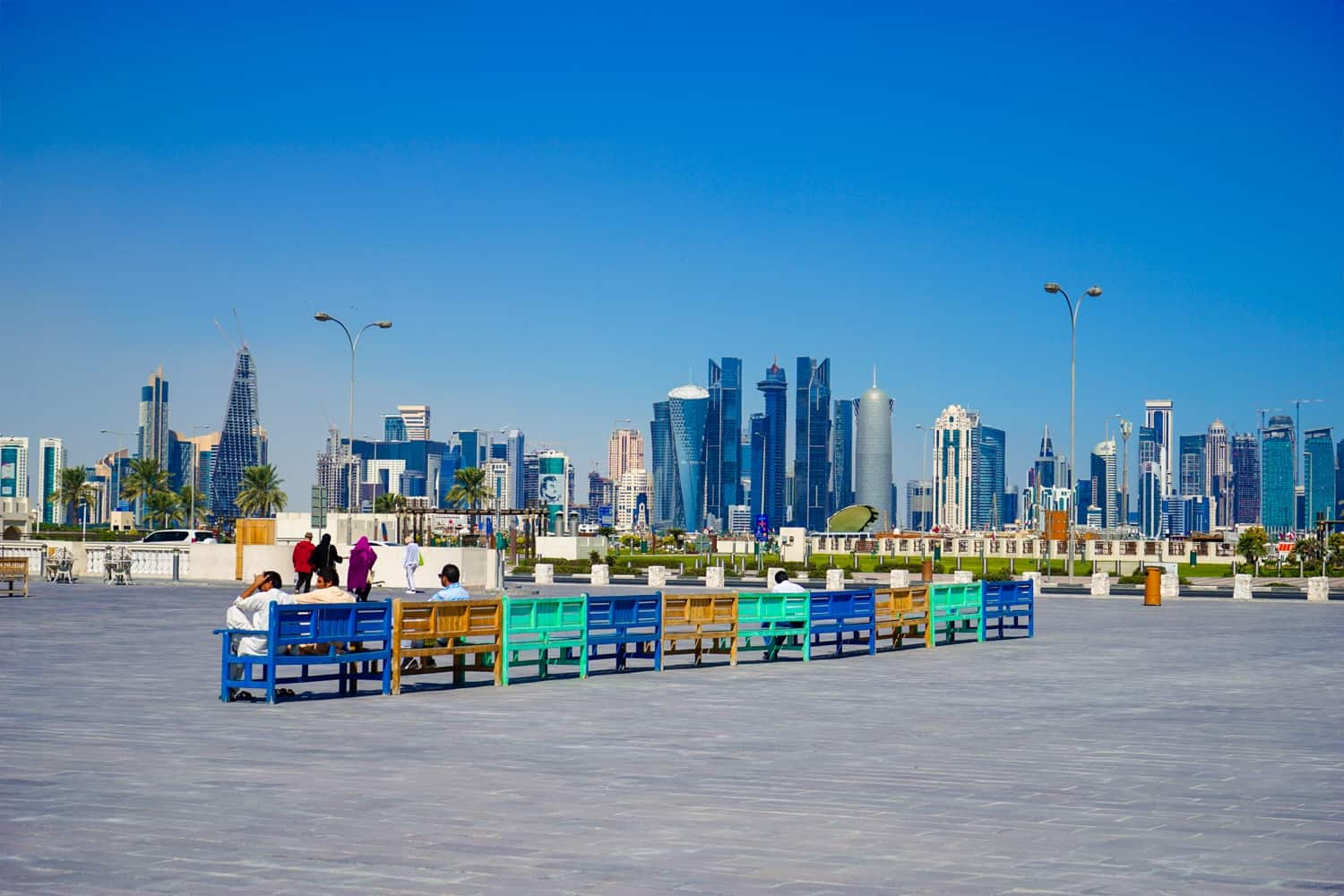 Benches in front of Doha's skyline