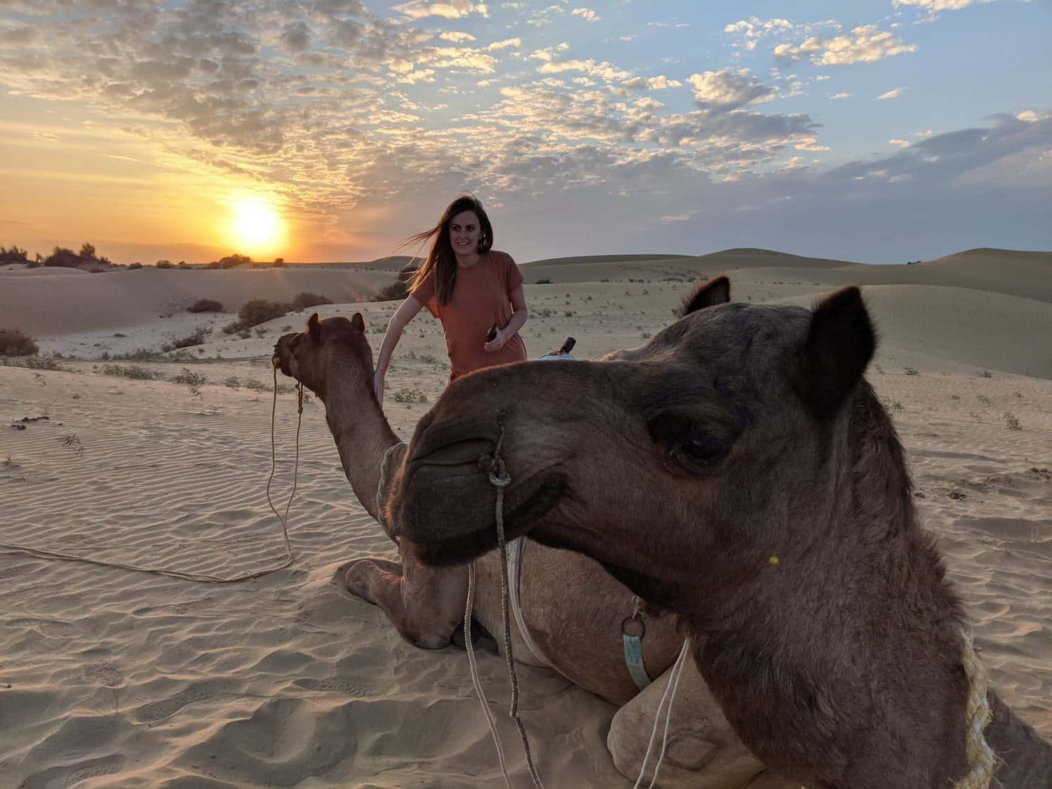 Girl touching a camel neck while looking nervous