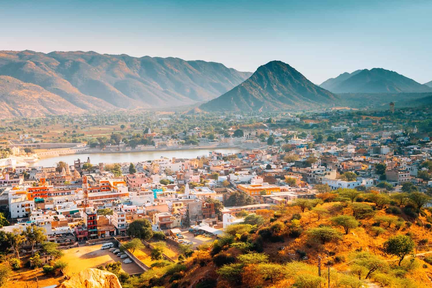 pushkar lake at sunset from hindu temple