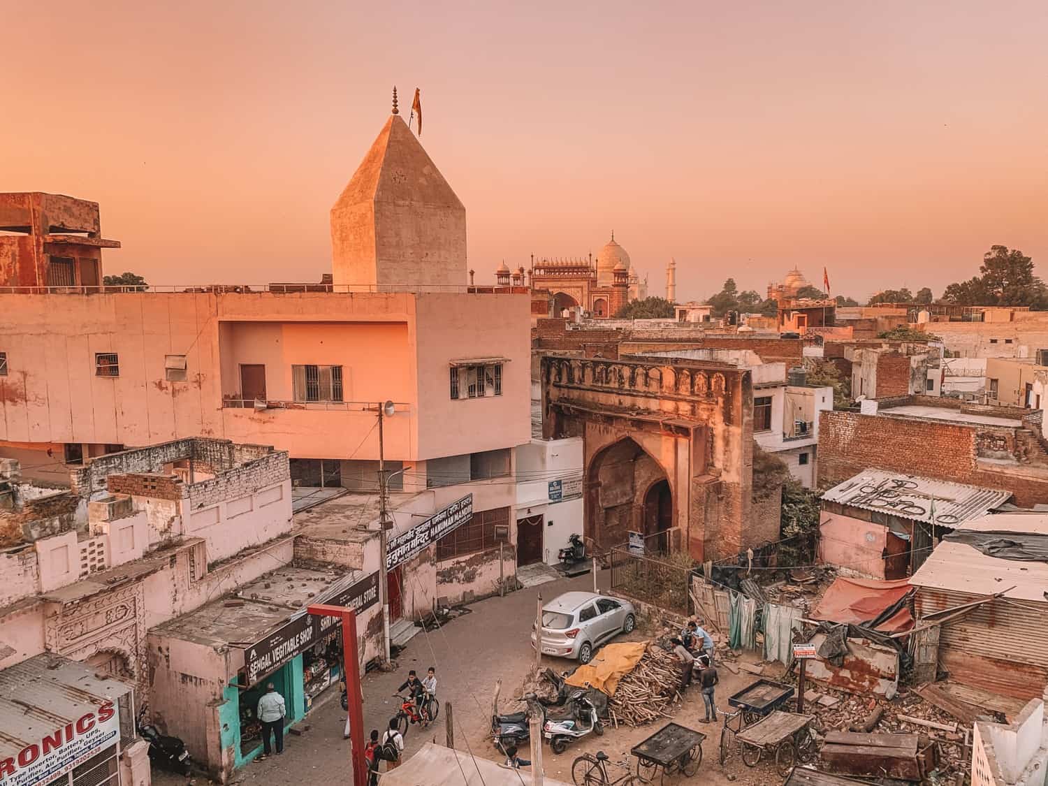 Taj Mahal at sunset from rooftop restaurant