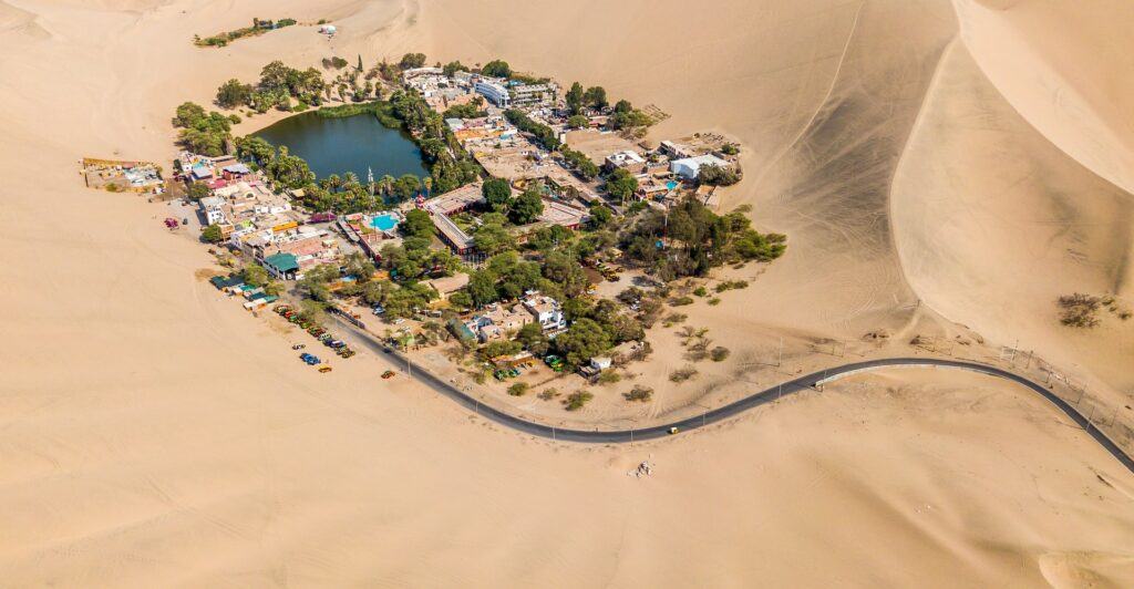The Huacachina desert oasis in Peru, as seen from above