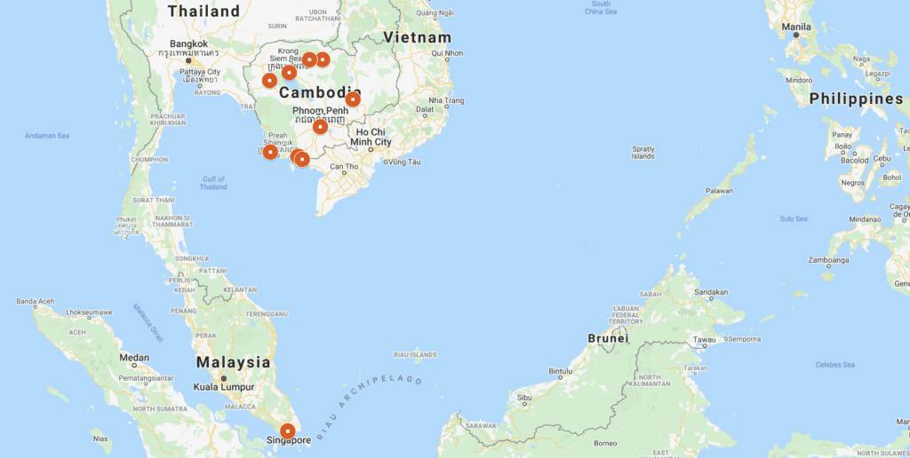 A travel map displaying my plans for February 2022: markers are placed over Singapore and half a dozen locations in Cambodia