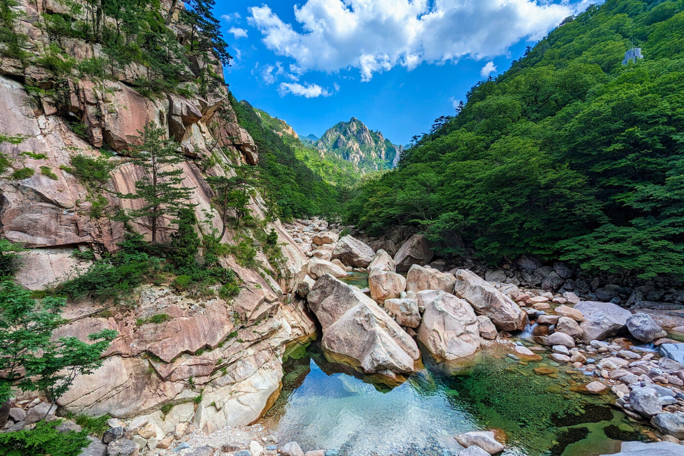 Jagged mountain peaks on the left meet dense forest on the right. In the centre, a calm turquoise river trickles past boulders and pebbles
