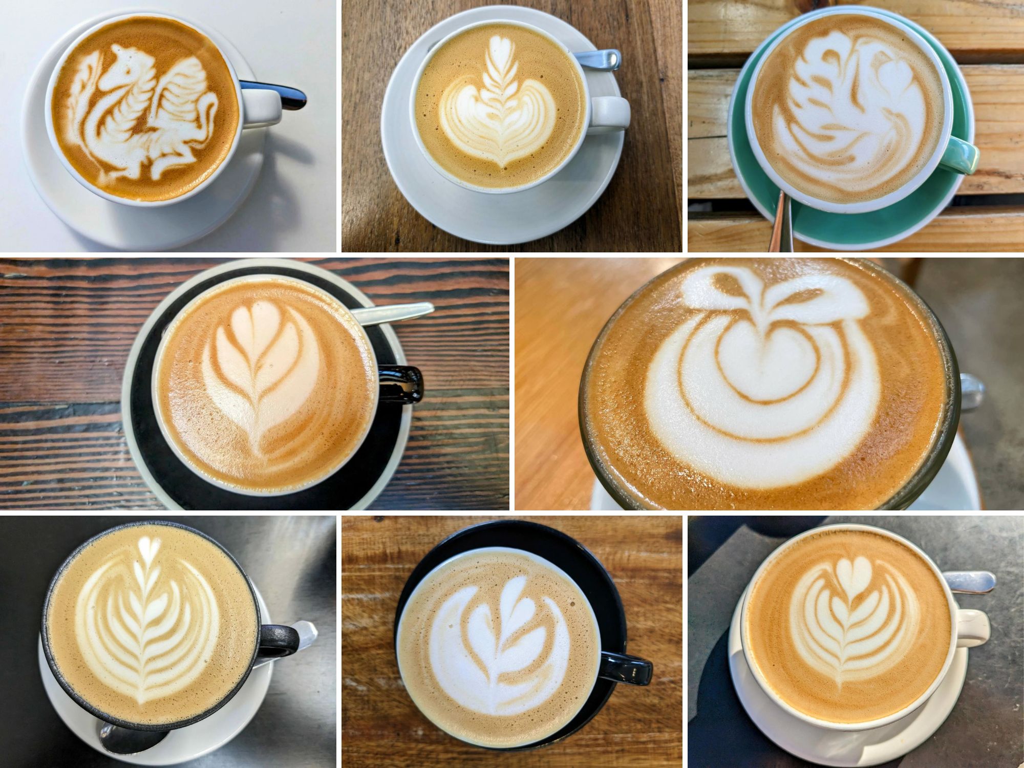 A collage of eight separate flat whites, each taken in a different cafe in Melbourne, and all with excellent latte art