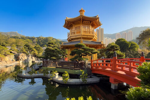 Traditional pavilion and landscaped gardens at Nan Lian Garden in Hong Kong