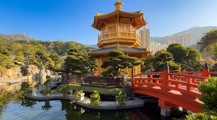 Traditional pavilion and landscaped gardens at Nan Lian Garden in Hong Kong